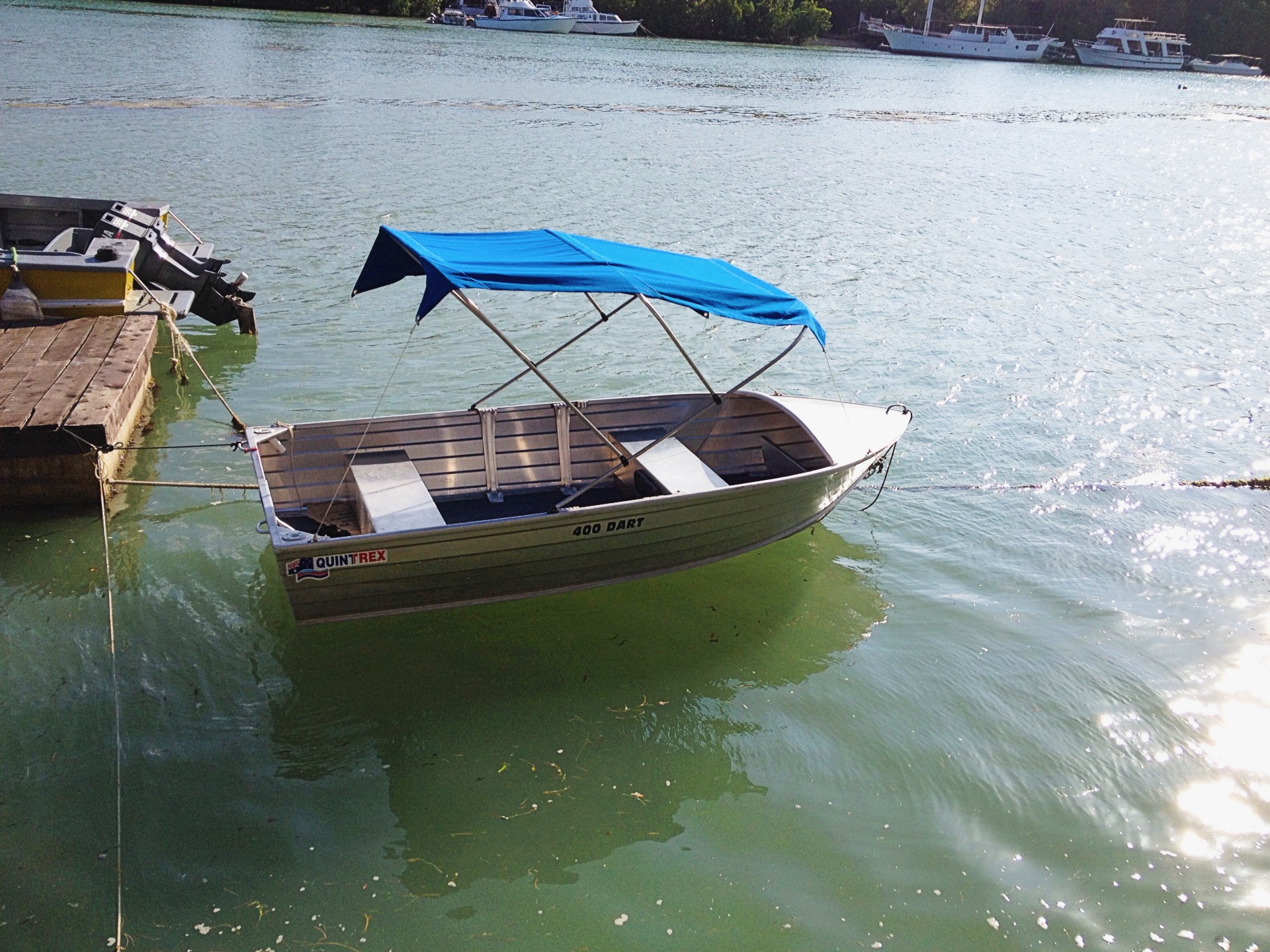 A docked Quintrex aluminium boat with Bimini top.