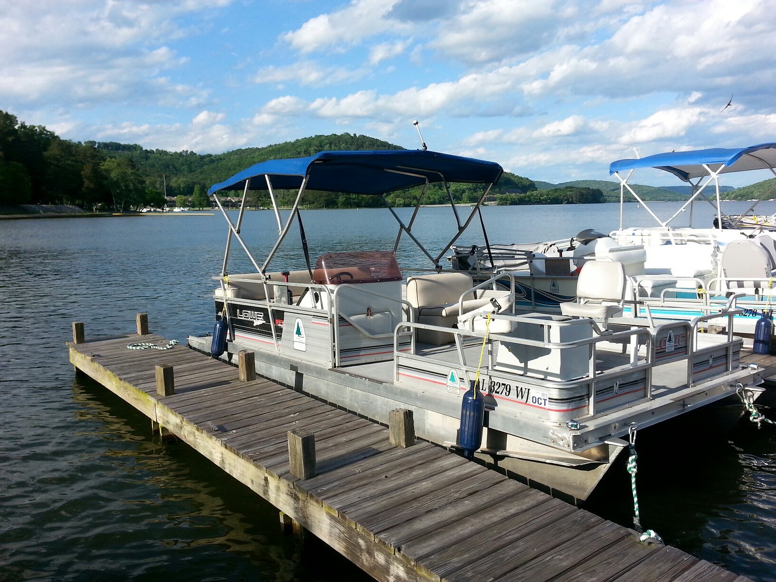 Pontoon boats with Bimini Tops docked in a docking area.