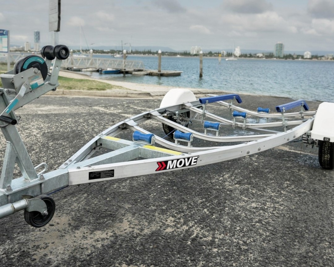 A close up shot of a move boat trailer.