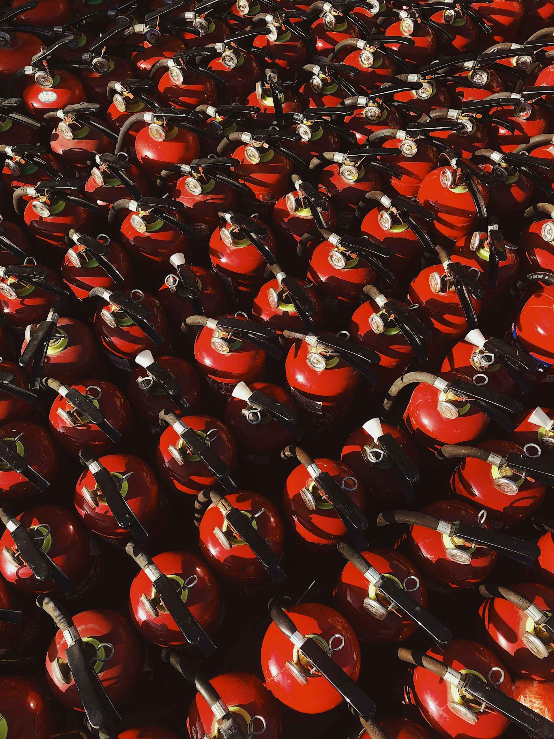 high angle view of fire extinguishers.