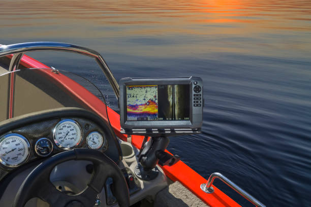 A depth sounder installed on a boat's console.