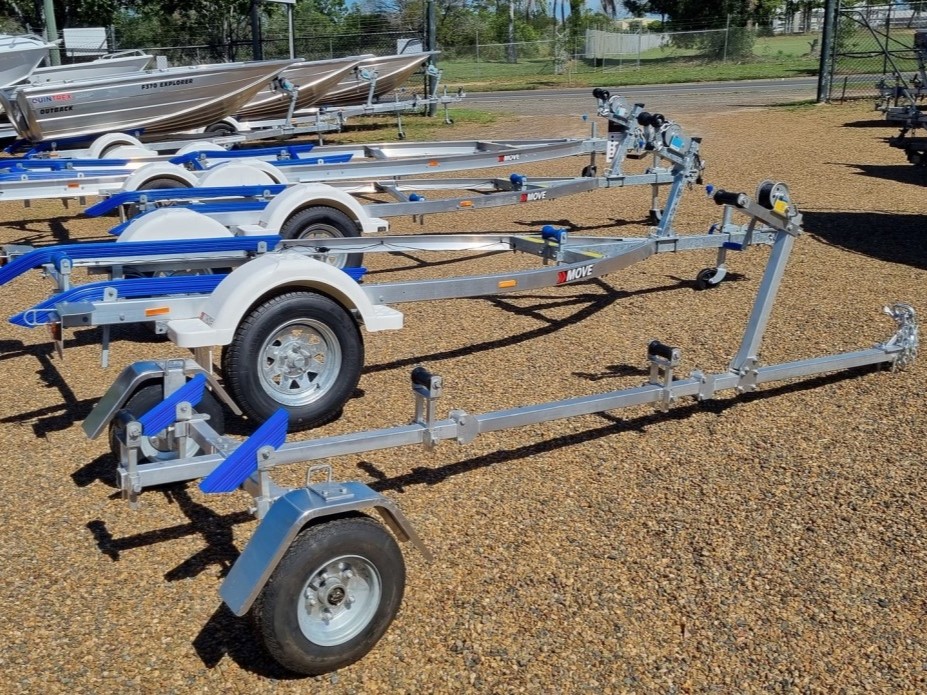 A row of Move Boat bunk boat trailers