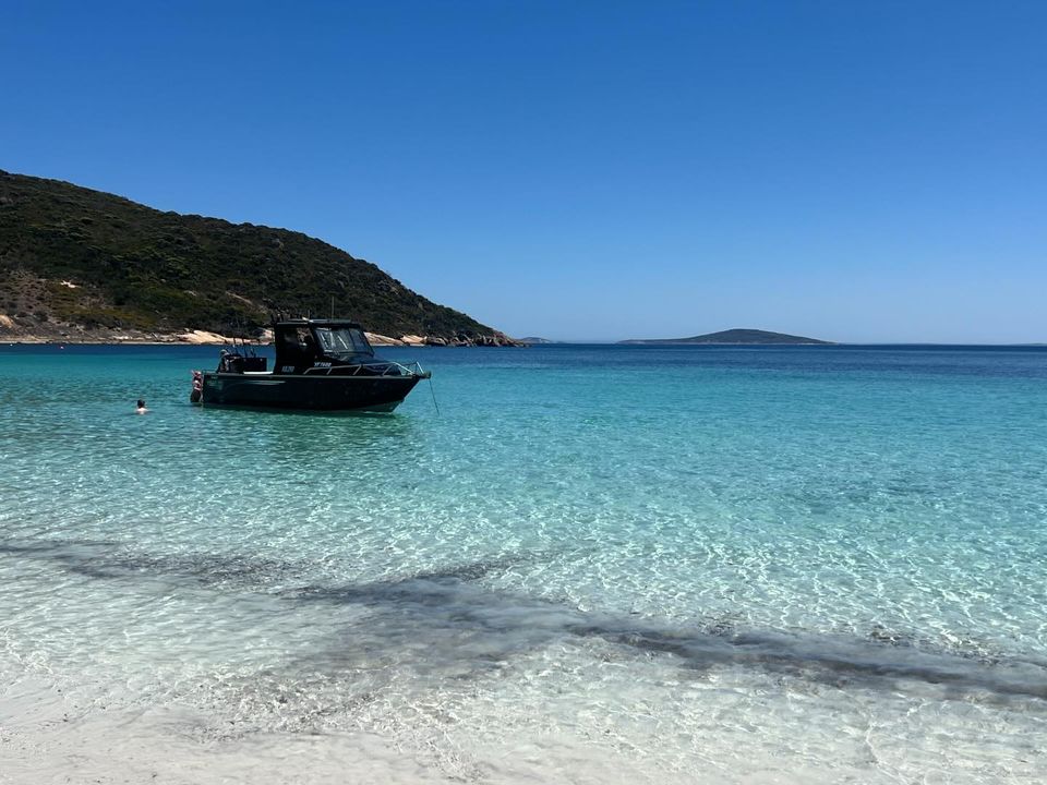 Yellowfin boat moored near a beach.