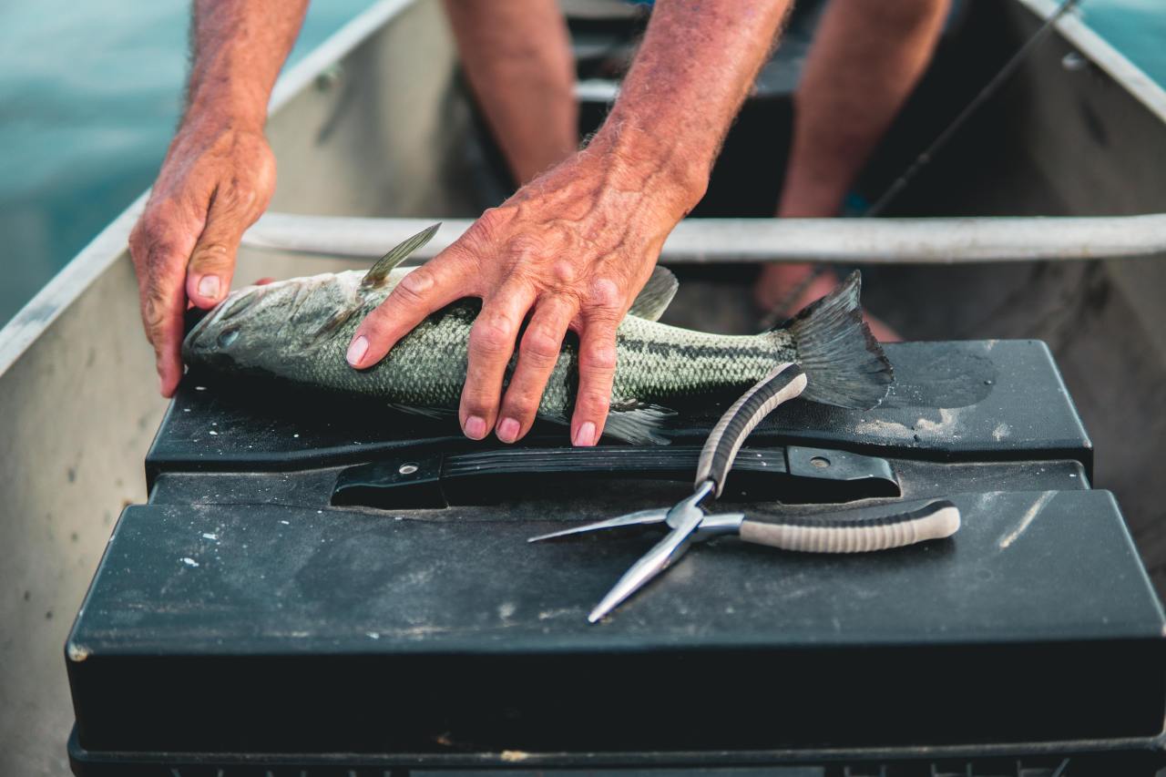 A man holding a fish on toolbox inside a boat