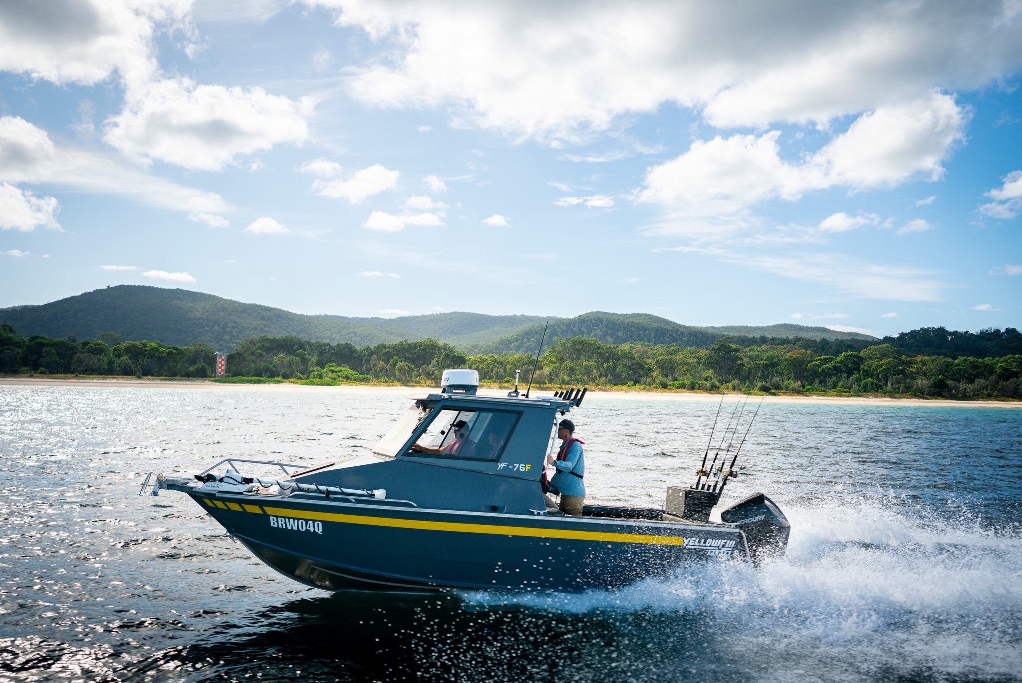 A Yellowfin boat out on the water.