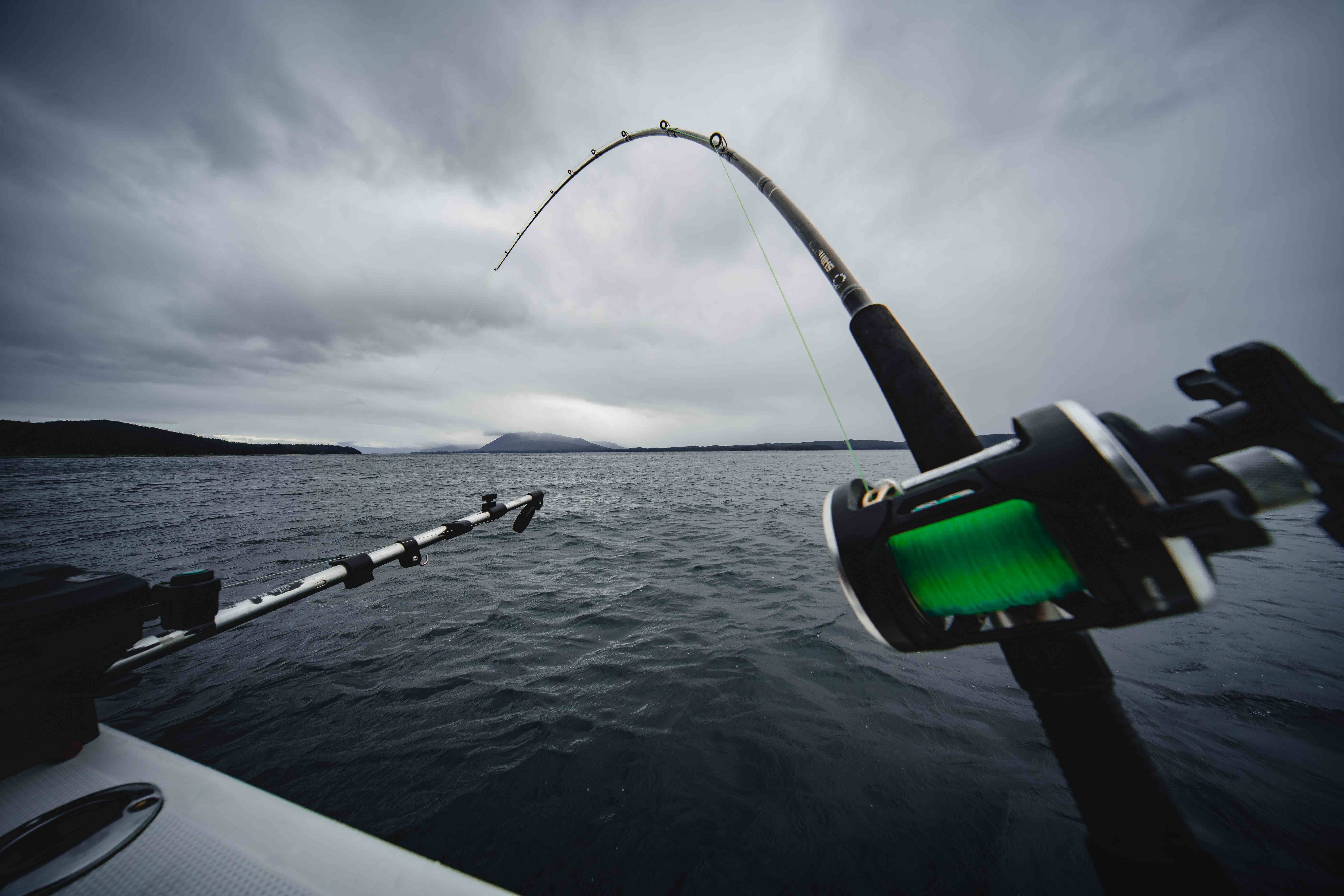 A POV shot of a fishing rod being cast out in the water in the attempts of catching a fish.