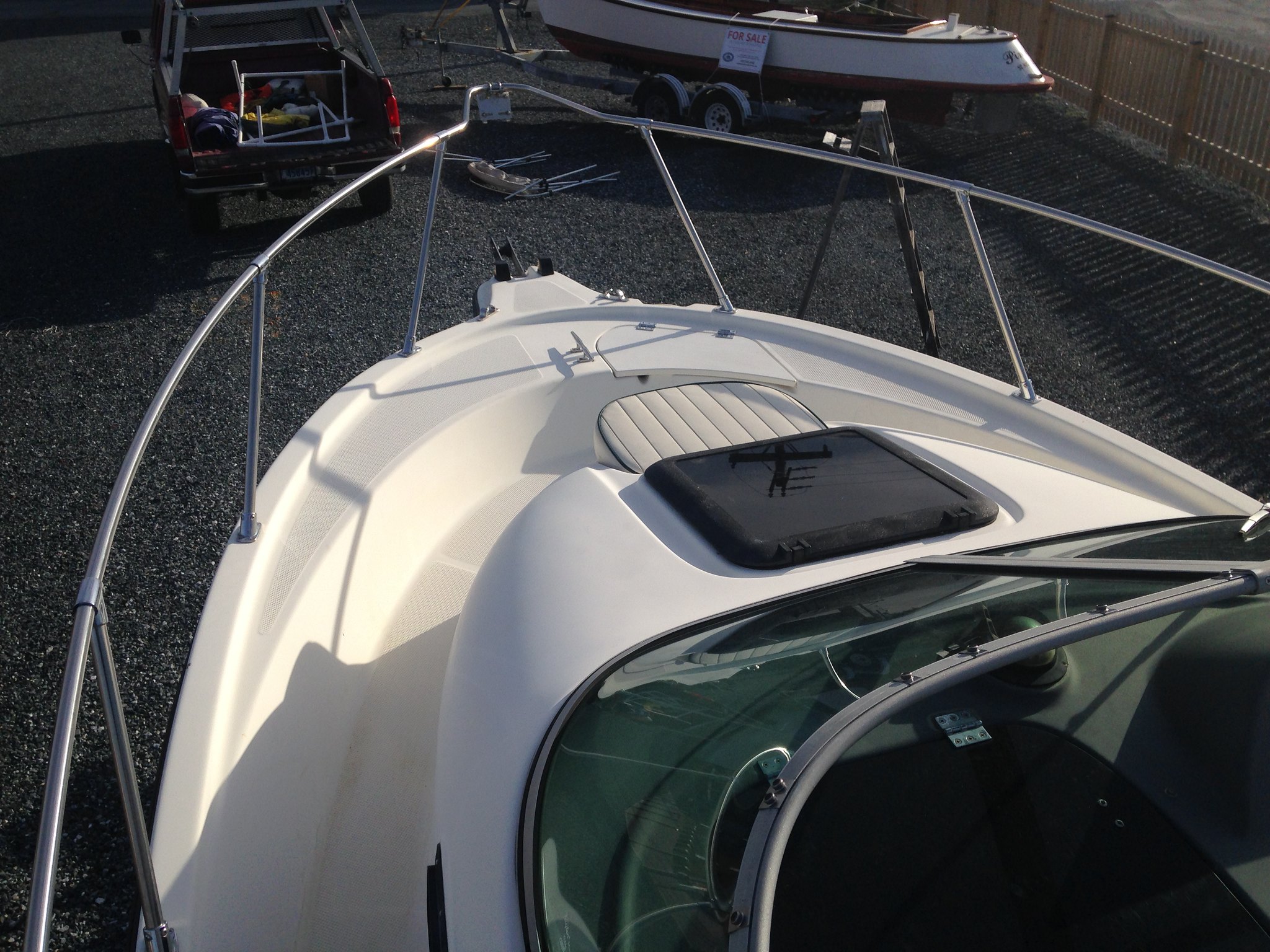 A high angle view of a boat's bow.