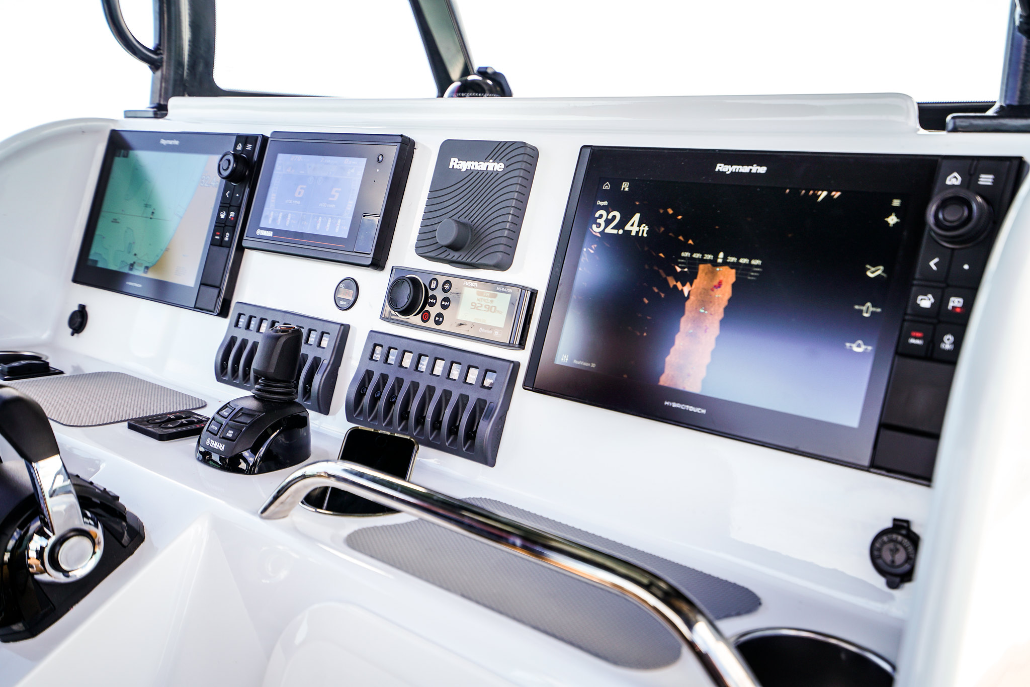 Boat console with electronic gadgets.