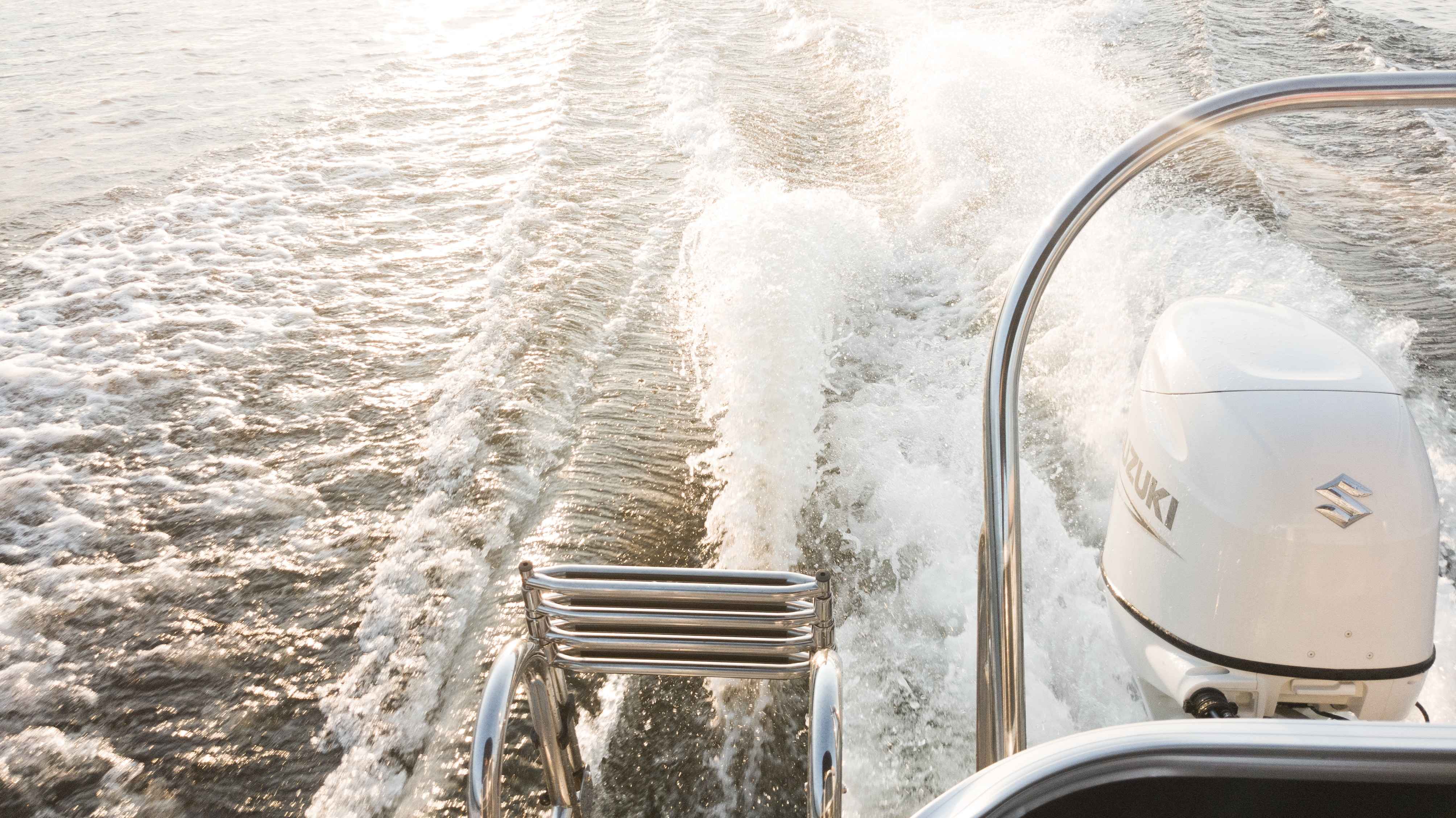 an outboard motor and a ladder perched on top of a boat's transom.