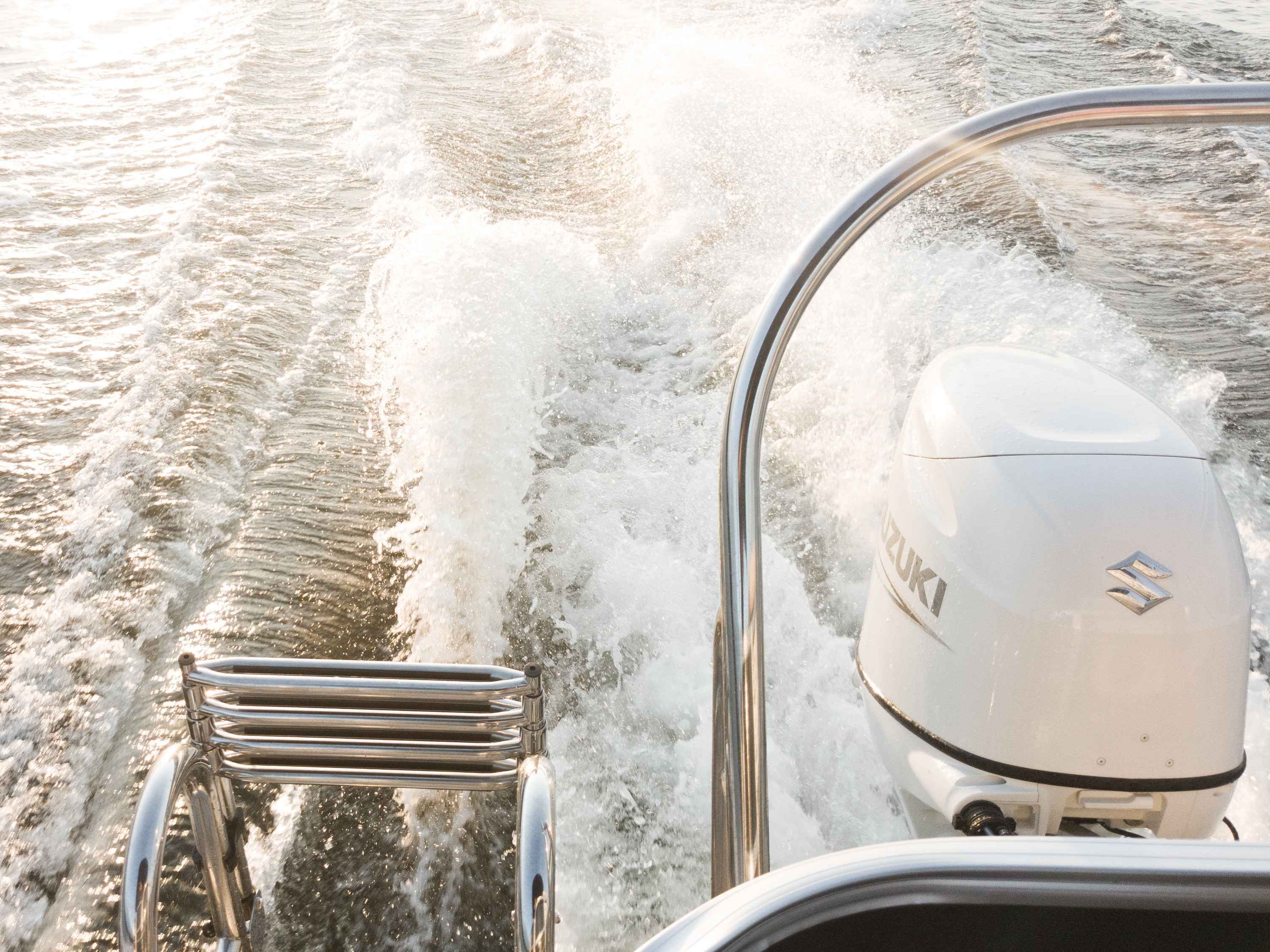 an outboard motor and a ladder perched on top of a boat's transom.