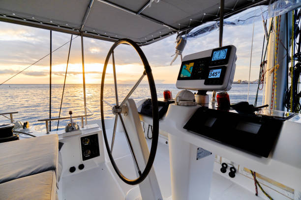 Interior of a boat with a console and the latest marine equipment