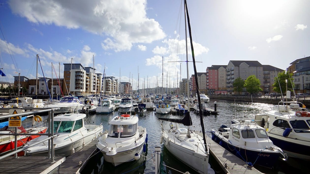 Boats moored in a marina